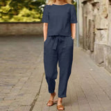 Fongt Women's Cotton Tample Summer With Suit Half-Sleeved O-Neck Oversized Hoodie E Broad Leg Pants Retro Two-Piece Set