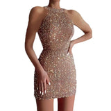 Fongt New Fashion Hanging Neck Sexy Crystal Tuxedo Supid Squin Dress Mid-Rise Evening