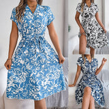 Shooting 2025 Spring And Summer Leisure V-Neck Button Bat Sleeve Flower Dress Women's