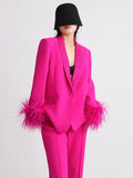 Fongt New Temperament Top Collar With Diamond Design Sense Cuff Stitching Ostrich Hair Long Sleeve Suit Spring Style-Outfit