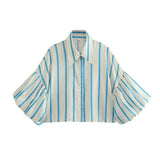 Fongt Short Top 2025 Spring New Five-Point Sleeve Bubble Bubble Sleeve Loose Stripe Small Shirt