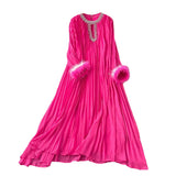 Fongt 2025 New Elegant Solid Dress Round Collared Loose Hair Splicing 100 Folding Long Dress