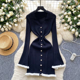 Fongt Luxury Famous Knitted Dress Woman Autumn Wooden Ear Over The Collar To Slim Beautiful Sister Mid-Long Dress