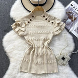 Ruffles Short Sleeve Buttons Sweater Jumpers Girls Stretchy Chic Sweaters Pullovers Tops Women Knitted Tee Shirts-Outfit