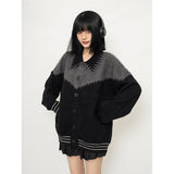 Fongt And Winter Wearing Black Ash Splicing Colliding College Style Cardigan Sweater Over The Couple Niche Oversize Knitwear Shirt