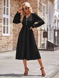 Fongt Autumn And Winter New Women's V Collar Waist Solid Color Long Dress-Outfit