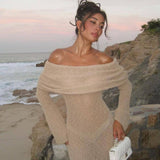 Fongt Color Beach Holiday Dress Knitted One-Word Long Dress Hooded Summer Women's Long Sleeve