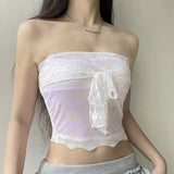 Sweet Wind Sleeveless Printing Lace Breast 2024 Summer Style Pure Desire Sexy Slim Show Navel Blouse Woman-Outfit