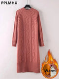Thicken Plush Velvet Lined Sweater Dress Women's Fall Half Turtleneck Rib Knit Bottom Dresses Elegant Warm Vestido