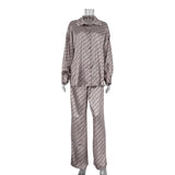 Fongt New Women's Spring Premium Long Sleeve Loose Shirt Trousers Two-Piece Satin Print Suit-Outfit