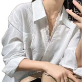Fongt Spring And Summer New Shirt Women's Long-Sleeved Lace Splicing Design Sense Of Simple Commuting Thin Top