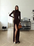 Fongt And Winter Fashion Women's High-Necked Long-Sleeved Splicing Strap To Close The Waist-Repair Temperament Solid-Colored Dress Woman