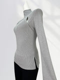 Fongt Horn Sleeve Slim Jacket Chic Inside Hollow Out Half High Collar Bottom Shirt Spring Women's Hot Girls-Outfit