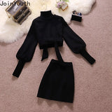 Ropa Mujer Fashion 2 Piece Set for Women Turtleneck Lantern Sleeve Bandage Hoodies Bodycon Mini Skirt Suit Elegant