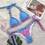 Fongt 2023 New Bikini Sexy Gradient Print Strap Swimsuit, Luxury Crystal Diamond Vacation