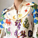 Fongt Women's New Temperament Commuting Print Collar Single Buckle Lantern Sleeve Lady Shirt Women