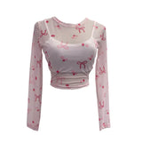 Real Shooting Bow Print Bare Back Net Yarn Sunscreen Long-Sleeved T-Shirt Hottie With Chest Pads Two Short Tops
