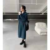 Hooded Knitted Dress Women Solid Oversized Midi Dresses Winter Korean Elegant Thicken Loose Casual All Match Vestidos-Outfit