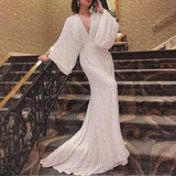 Fongt New V-Necked Long-Sleeved Sleeves Of Sleeves Dress Fishtail Banquet Elegant Long