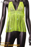 Women New Solid Tassel Sexy Two Piece Set Rhinestone V Neck Sleeveless Halter Backless Top Camis Hollow Out Party Mini