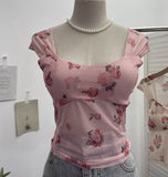 Fang Collar Broken Flower Mesh Flying Sleeve With Breast Pad Sling Vest Short Umbilly Sleeveless Top Lady