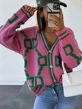 Printed Cardigan Women Autumn Winter 2023 New V Neck Loose Long Sleeve Casual Jumper Tops Button Vintage Knitted Sweater-Outfit
