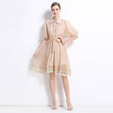 Fongt New Famous Summer Retro Collar Single Buckle Lace Lantern Sleeve Dress