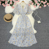 Fongt Wind Temperament Sweet Broken Flower V Collar Dress Beach Vacation Snow Spinning A Word Long Skirt-Outfit