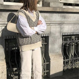Women‘s Knitted Vest Pullovers Autumn Waistcoat Tops Sleeveless Loose Houndstooth Female Vintage Plaid Sweater