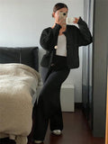 Fongt Round-Necked Woman Design Sense Three-Plocked Pocket Long Sleeve Sweater French Cardigan Coat