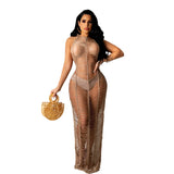 Fongt New Women's Wear Sexy Solid Color Knitted Beach Dress-Outfit