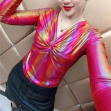Glossy Contrasting Colors Slim T-shirt 2023 Spring Autumn Long Sleeve Female Clothing Sexy V-Neck Stylish Folds Pullovers-Outfit