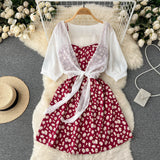 Fongt Small Pure And Fresh Broken Flower Condole Belt Skirt Chiffon Small Shawl Female Summer Two Set Suit-Outfit