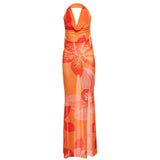 Fongt Summer New Women's Sexy Hanging Neck T-Shirt With Printed Perspective To Repair The Fork Dress