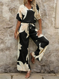 Fongt Summer Set Printing V-Neck Bat Sleeve Blouse Long Pants Fashion Two-Piece