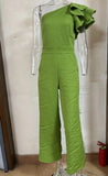 Fongt Summer New Fashion Inclined Shoulder Collar Waist Solid Color Wide Leg Jumpsuit Woman-Outfit