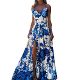 Fongt 2025 Women's Dress Sexy Temperament Print V-Neck Sling Elegant Open-Fork Dress