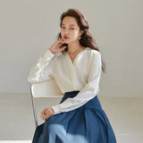 Acetate Fibre V-Neck Full Sleeve Women Shirt 2022 Spring New Shirt Solid Color Causal Loose Office Lady Women Tops