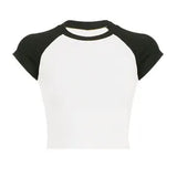Fongt Color Thread Rotator Sleeve T-Shirt Women's Short Crop Tight Thin Shirt Short Sleeve