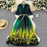 Fongt Women's Niche Elegant Dress New Hollow Nail Ball Neck-To-Celing Waist-Print Folding Long Skirt