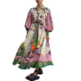 Fongt Women's Dress 2025 Casual Personality Print V Tie With Long Sleeve Dress Woman