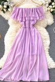 Women Casual Dress Double Layer Ruffled Off Shoulder Slash Neck Chiffon Dresses Woman Summer Midi Dress Vestidos