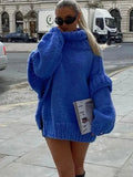 Women Solid Knit Turtlrneck Sweater Casual Oversize Lantern Long Sleeve Pullover 2023 Autumn Winter Slit Thick Warm Top