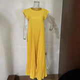 Fongt New Fall 2023 Solid Color Round Collar Sleeveless Pleated Design Loose Dress-Outfit