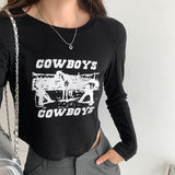 Shoulder Round Collar Long-Sleeved T-Shirt Women's Early Autumn New High-Waisted Spicy Girls Short Style Undershirt-Outfit