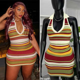Fongt Spring And Summer Color Striped Knitted Dress Collar Hanging Neck V Collar Bodyed And Hip Dress Bare Back