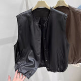 Fongt Collar Solid Color Sleeveless Leather Vest Coat Women's Autumn 2025 New Korean Fashion Stacked On The Kan Shoulders