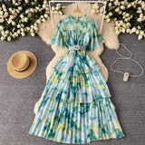 Fongt Retro Tea Faint Dyed Print Dress Women Waist Horn Sleeves Thin Temperament Lotus Leaf Side Chiffon Long Dress