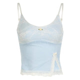 Lace Patchwork Crop Top with Split Sweet Floral Stitching Sleeveless Strap Tees Women Summer Cute Aesthetic Camisole Lady-Outfit