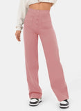 Fongt Fashion New Women's Casual Straight Pants High Waist Button Elastic Belt With Multiple
